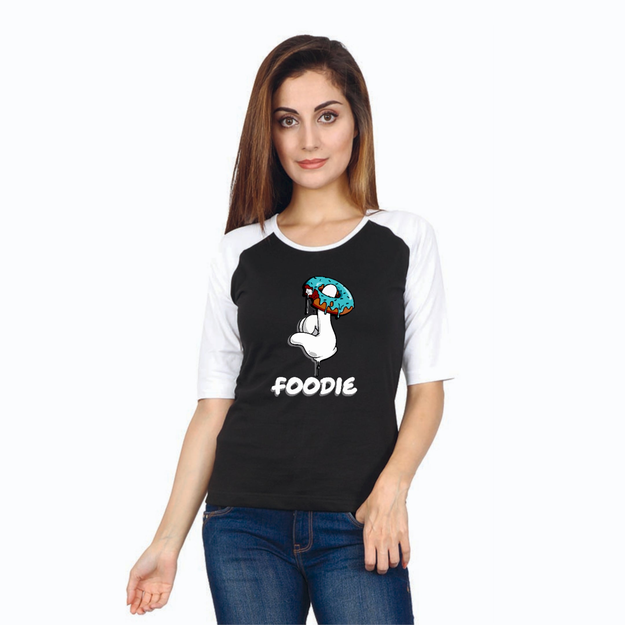 Women - White & Black Raglan Sleeve T-shirt