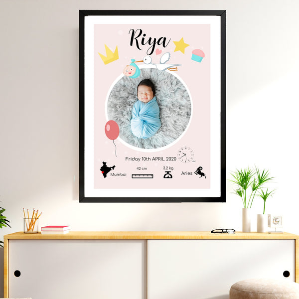 Customized Baby's Birth Stats Pink Poster - Black Framed A4/A3