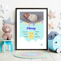 Customized Baby's Birth Stats Clouds Poster - Black Framed A4/A3